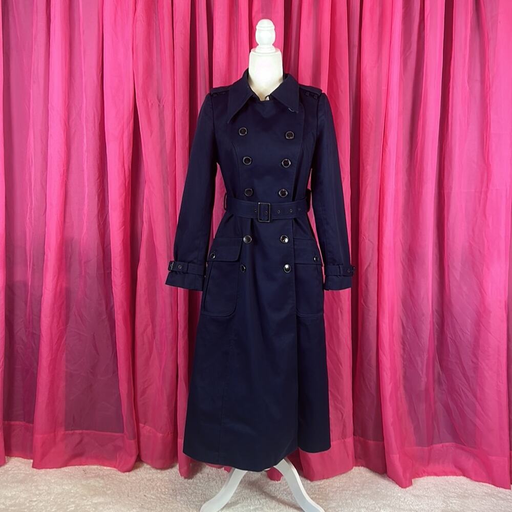 Vintage 70s 80s Fox Run Little Foxes Int'l long navy blue maxi trench coat, m - Picture 1 of 12